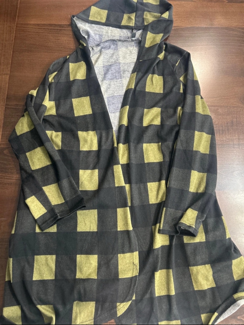 Black and Yellow Plaid Hooded Open Cardigan